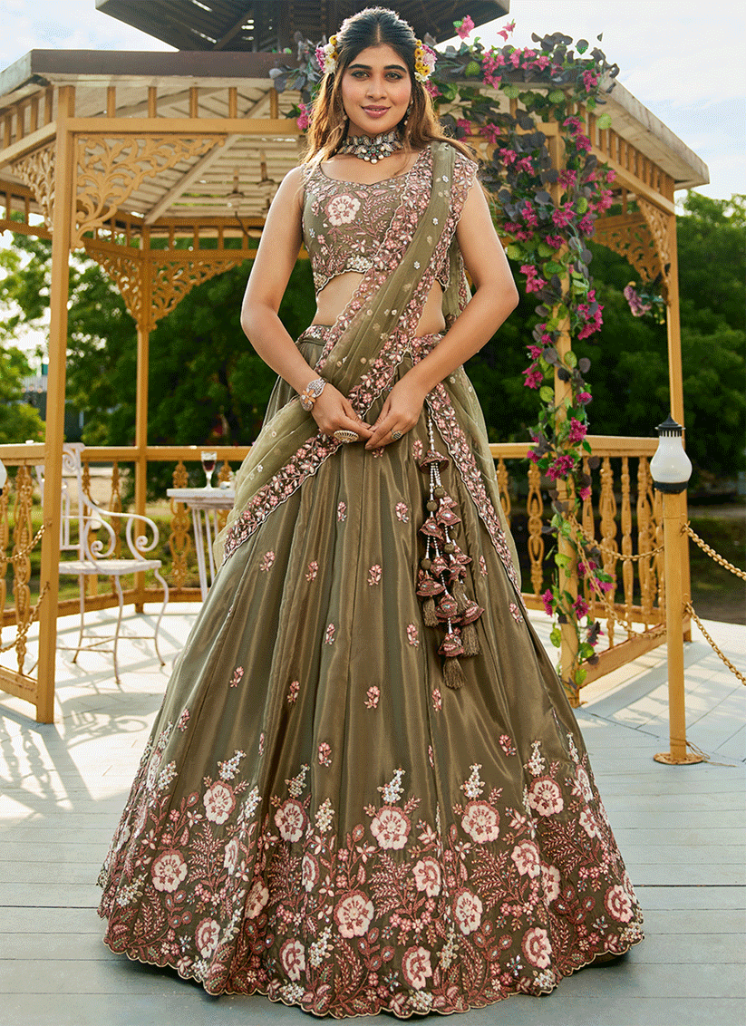 Mehendi Green Satin Embroidered Wedding Lehenga Choli