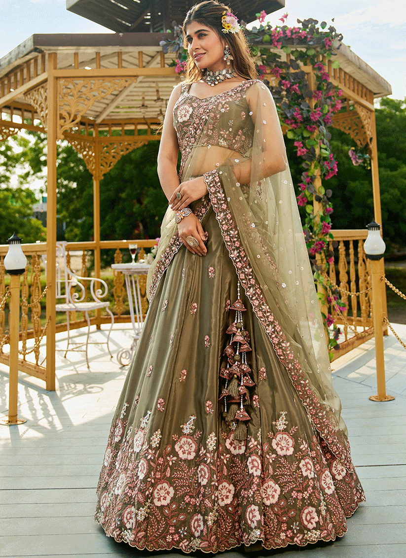 Mehendi Green Satin Embroidered Wedding Lehenga Choli