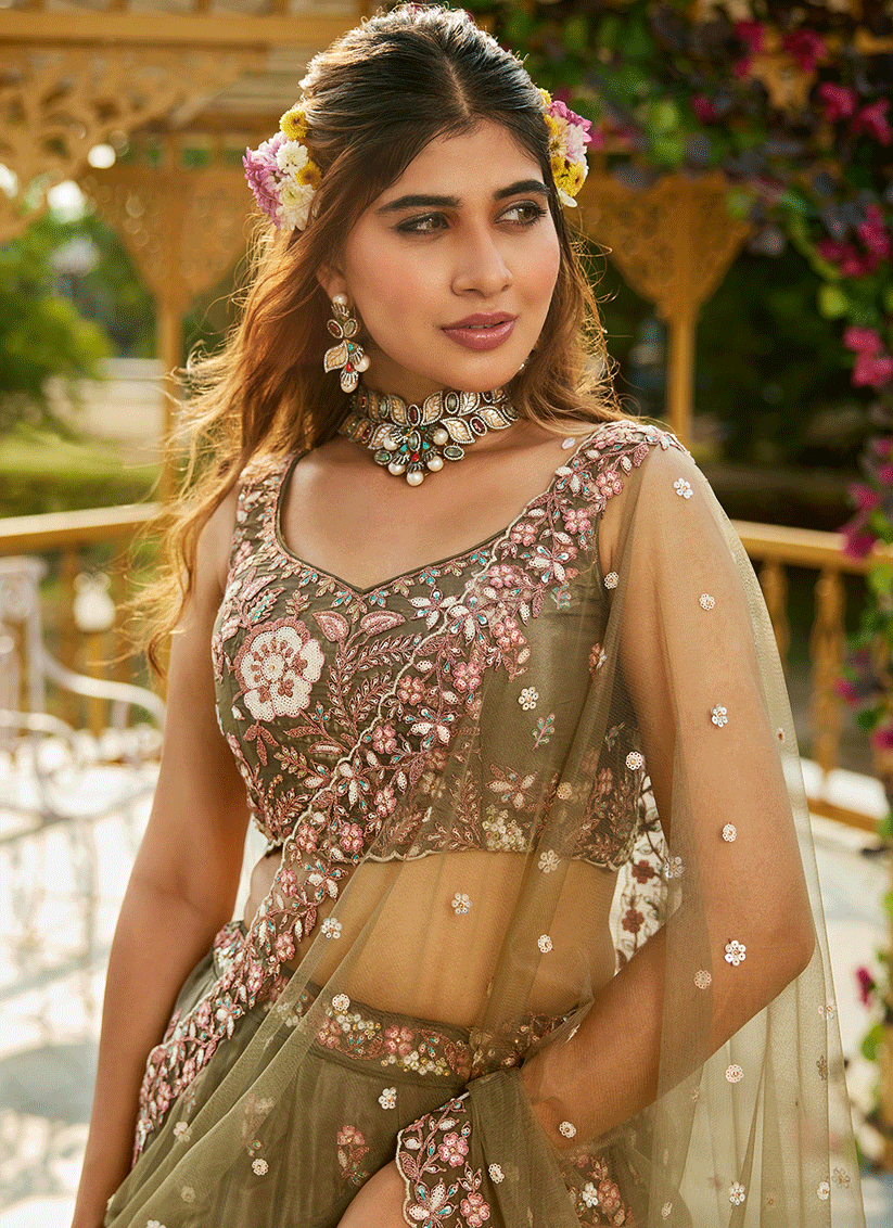 Mehendi Green Satin Embroidered Wedding Lehenga Choli