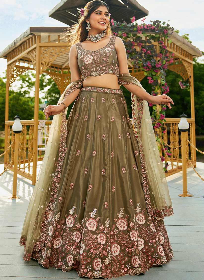 Mehendi Green Satin Embroidered Wedding Lehenga Choli