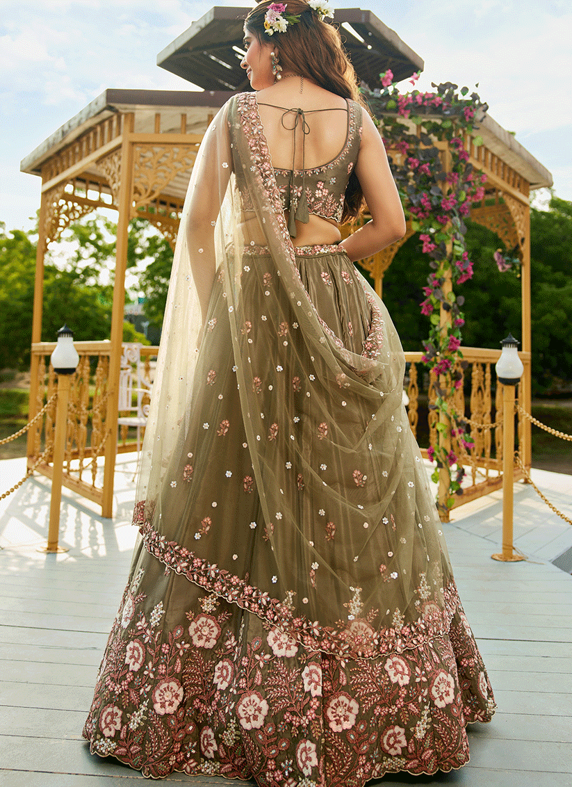 Mehendi Green Satin Embroidered Wedding Lehenga Choli