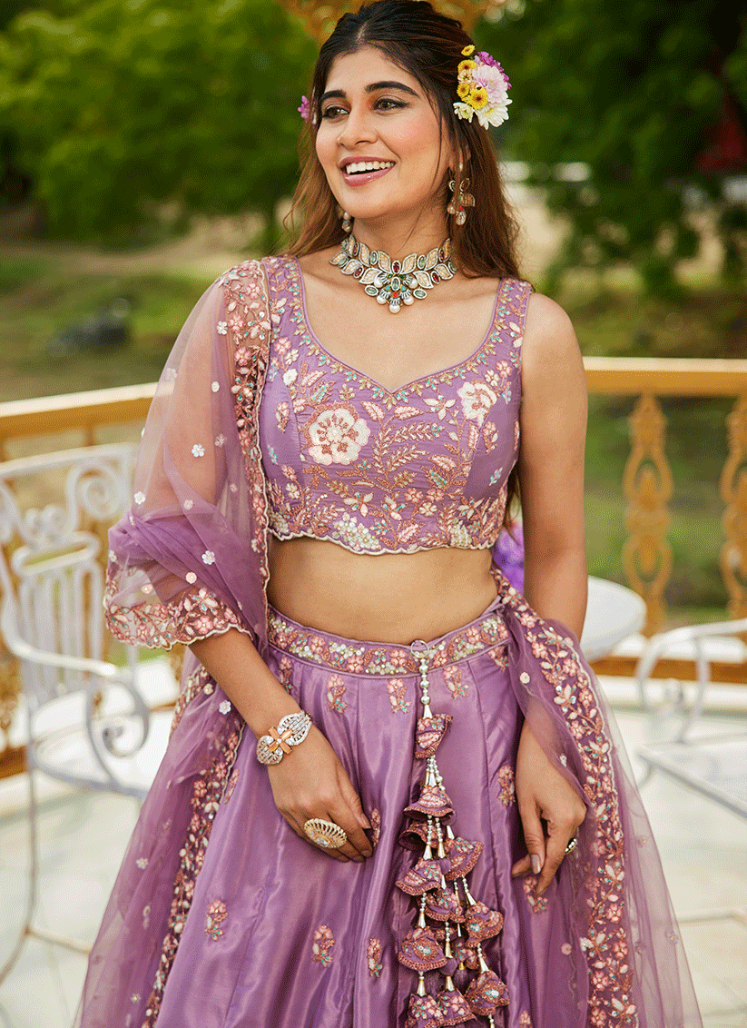 Lilac Pink Satin Embroidered Wedding Lehenga Choli
