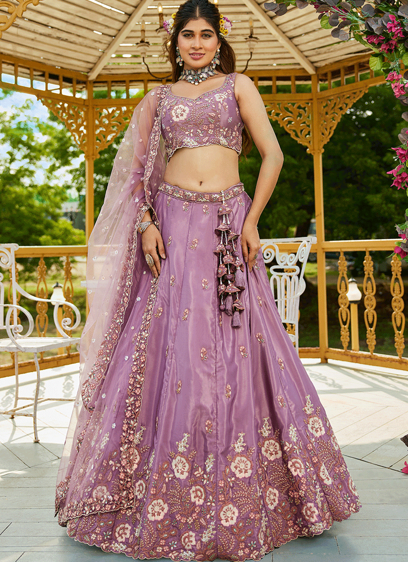 Lilac Pink Satin Embroidered Wedding Lehenga Choli