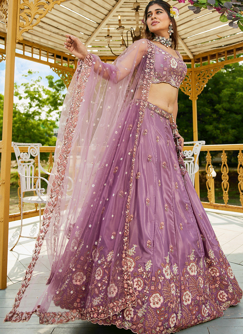 Lilac Pink Satin Embroidered Wedding Lehenga Choli