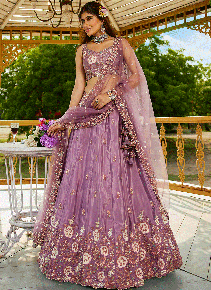 Lilac Pink Satin Embroidered Wedding Lehenga Choli