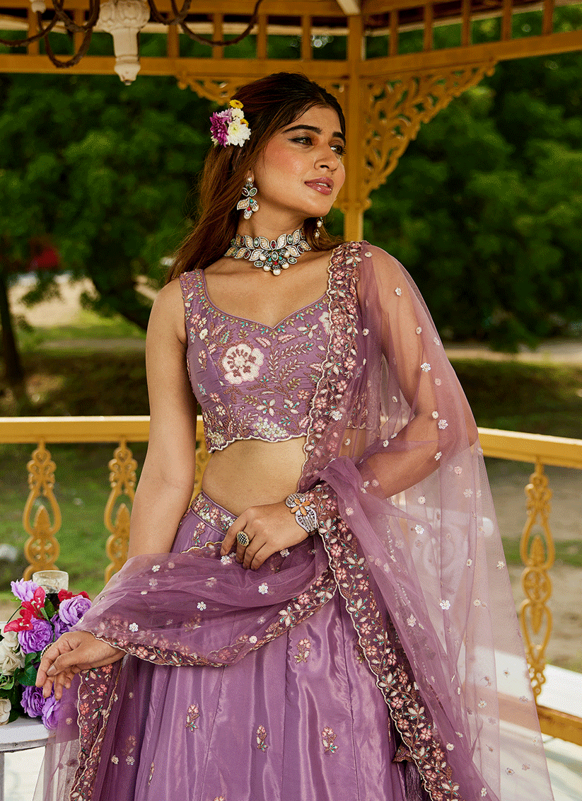 Lilac Pink Satin Embroidered Wedding Lehenga Choli