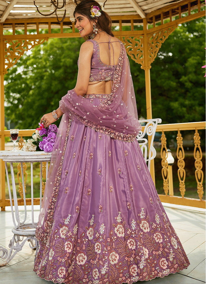 Lilac Pink Satin Embroidered Wedding Lehenga Choli
