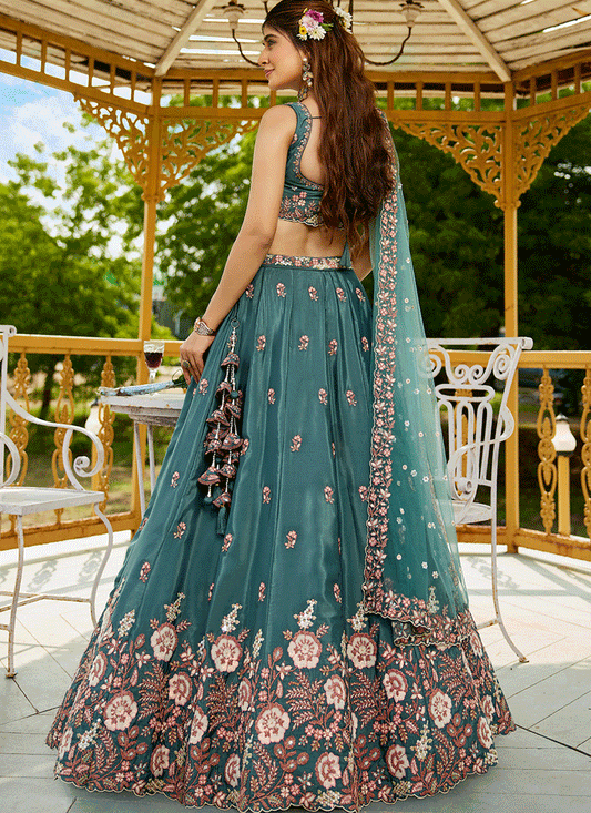 Morpich Satin Embroidered Wedding Lehenga Choli