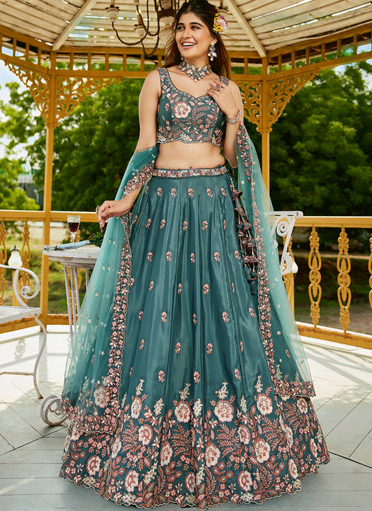 Morpich Satin Embroidered Wedding Lehenga Choli