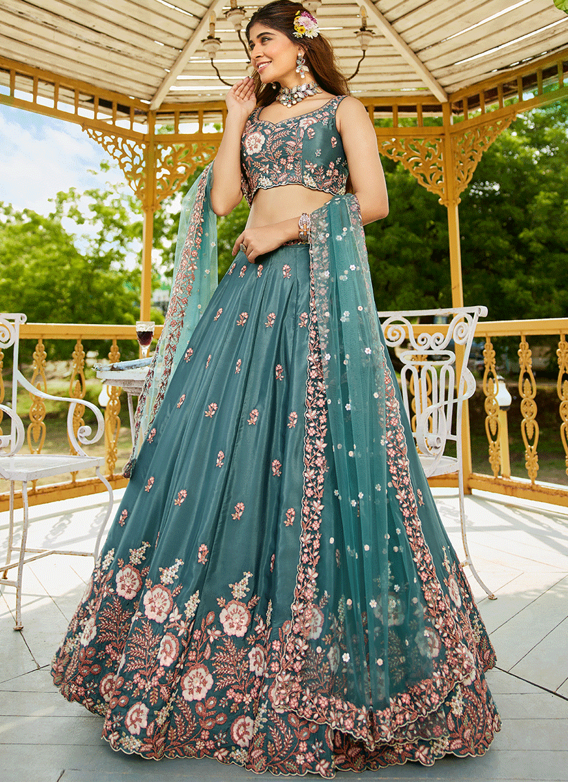 Morpich Satin Embroidered Wedding Lehenga Choli