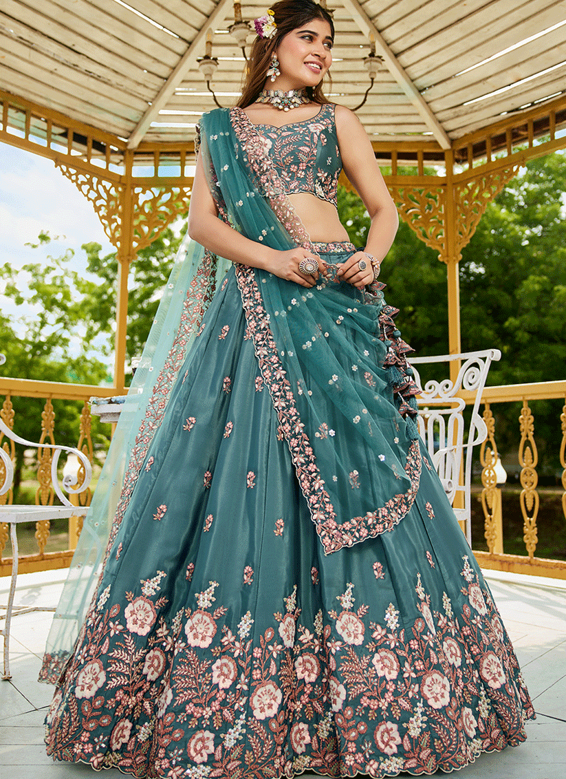 Morpich Satin Embroidered Wedding Lehenga Choli