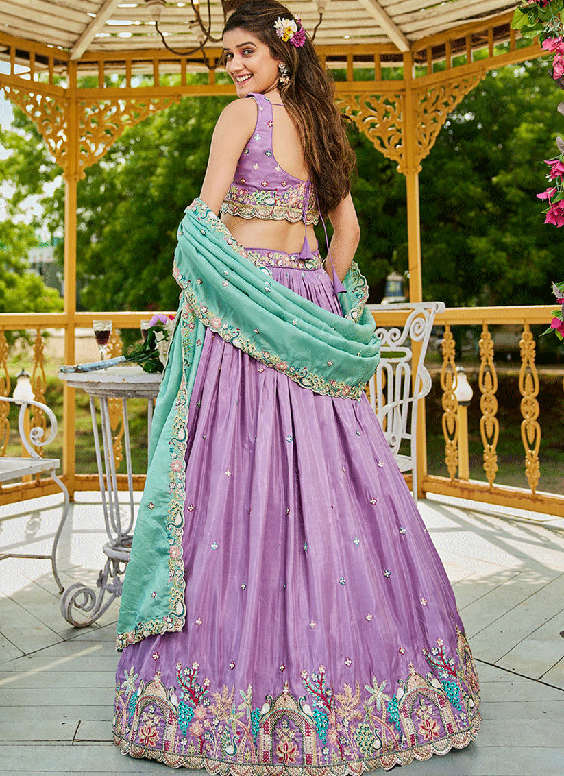 Lilac Satin Embroidered Designer Lehenga Choli