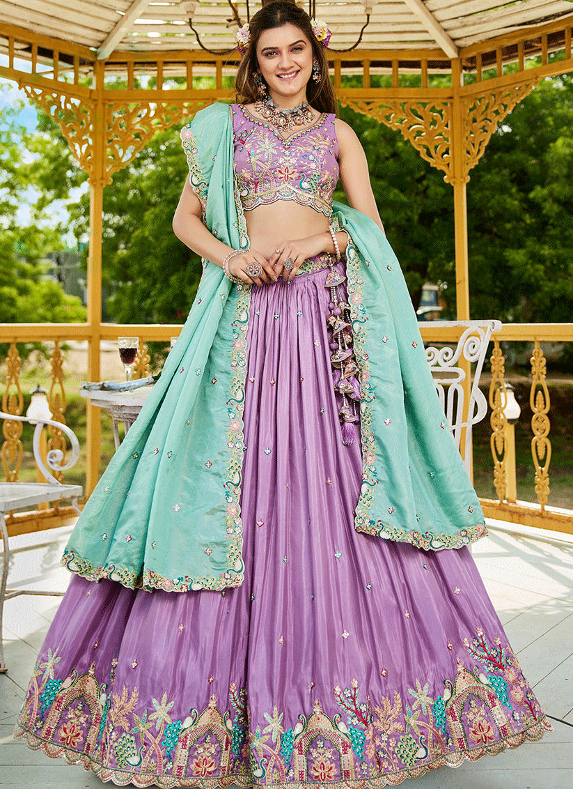 Lilac Satin Embroidered Designer Lehenga Choli