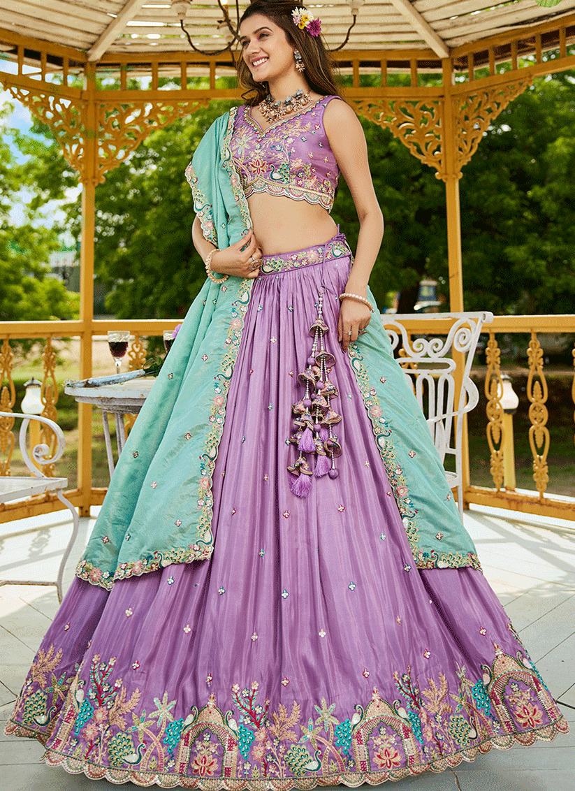 Lilac Satin Embroidered Designer Lehenga Choli