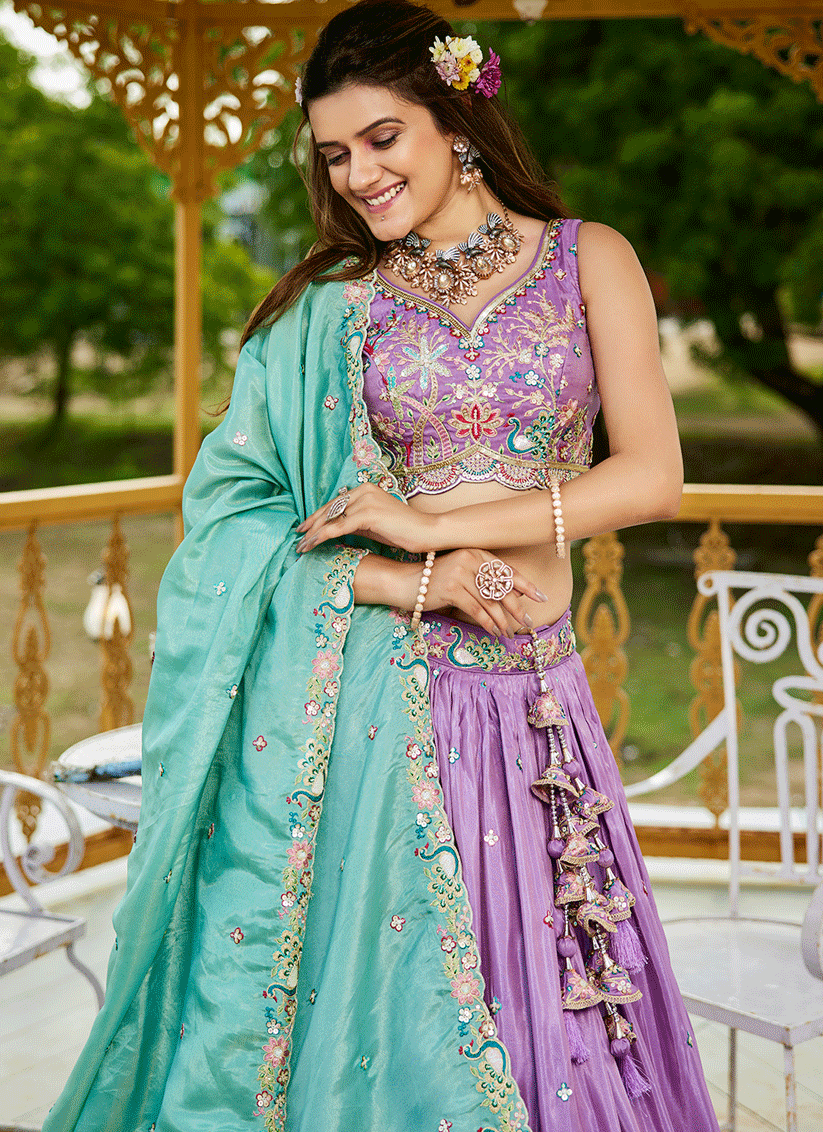 Lilac Satin Embroidered Designer Lehenga Choli