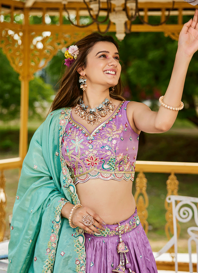 Lilac Satin Embroidered Designer Lehenga Choli