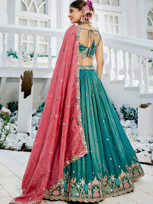 Firozi Satin Embroidered Designer Lehenga Choli