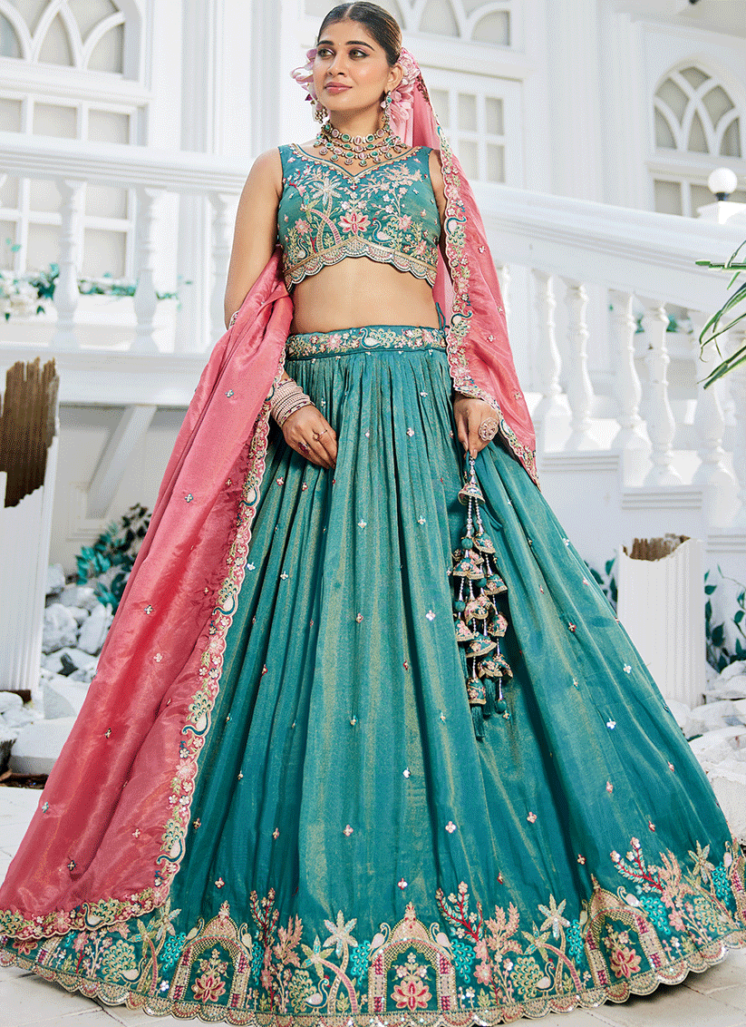 Firozi Satin Embroidered Designer Lehenga Choli