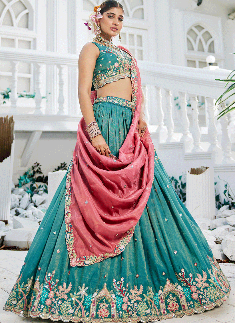 Firozi Satin Embroidered Designer Lehenga Choli