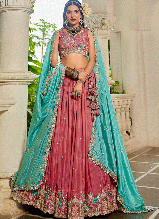 Salmon Pink Satin Embroidered Designer Lehenga Choli