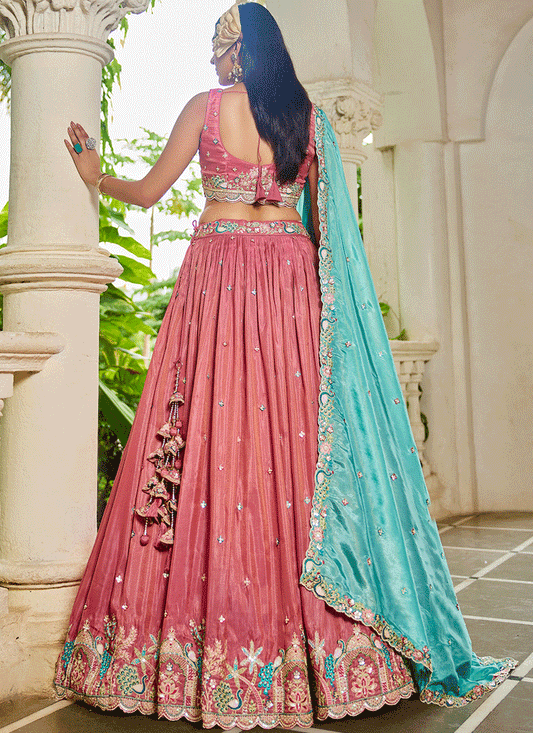 Salmon Pink Satin Embroidered Designer Lehenga Choli