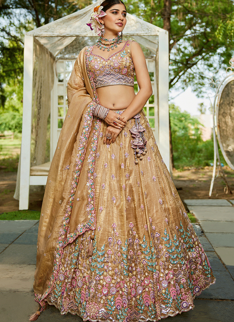 Beige Tissue Embroidered Designer Lehenga Choli