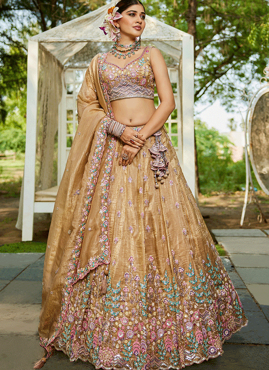 Beige Tissue Embroidered Designer Lehenga Choli