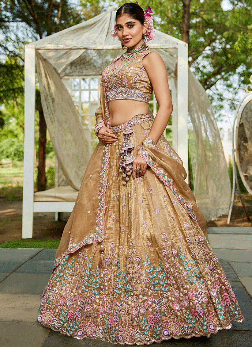 Beige Tissue Embroidered Designer Lehenga Choli