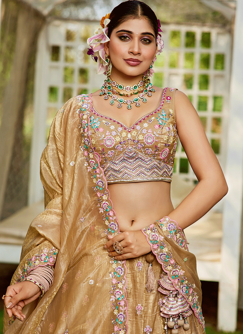 Beige Tissue Embroidered Designer Lehenga Choli