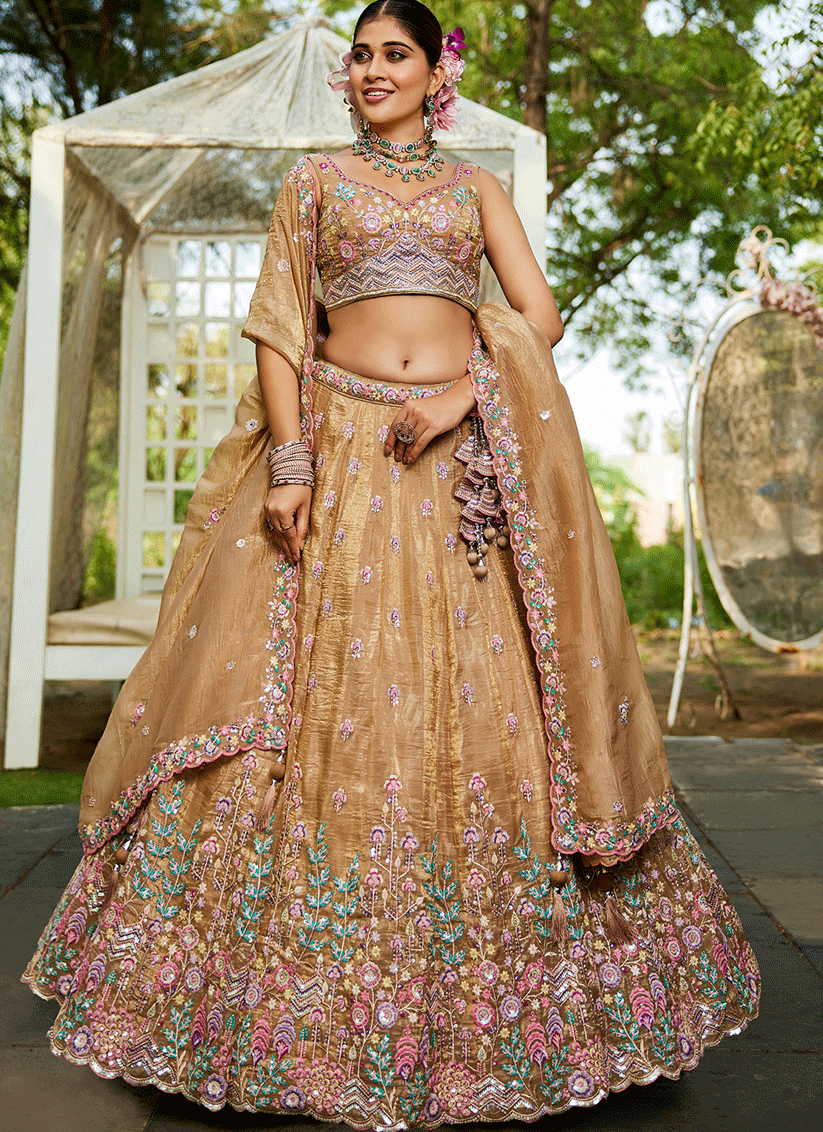 Beige Tissue Embroidered Designer Lehenga Choli