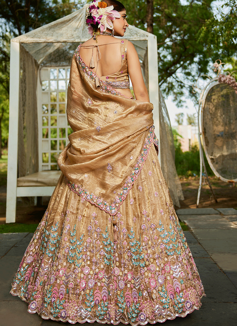 Beige Tissue Embroidered Designer Lehenga Choli