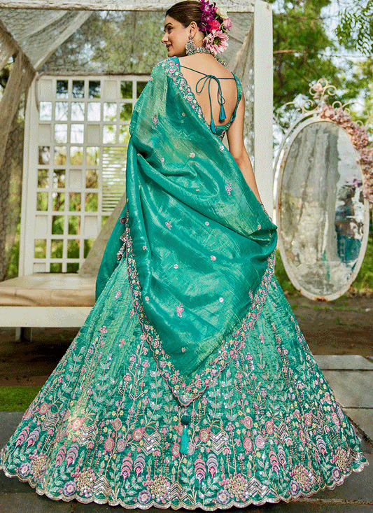 Sea Green Tissue Embroidered Designer Lehenga Choli