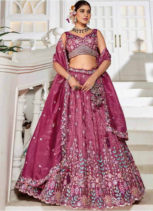 Wine Tissue Embroidered Designer Lehenga Choli