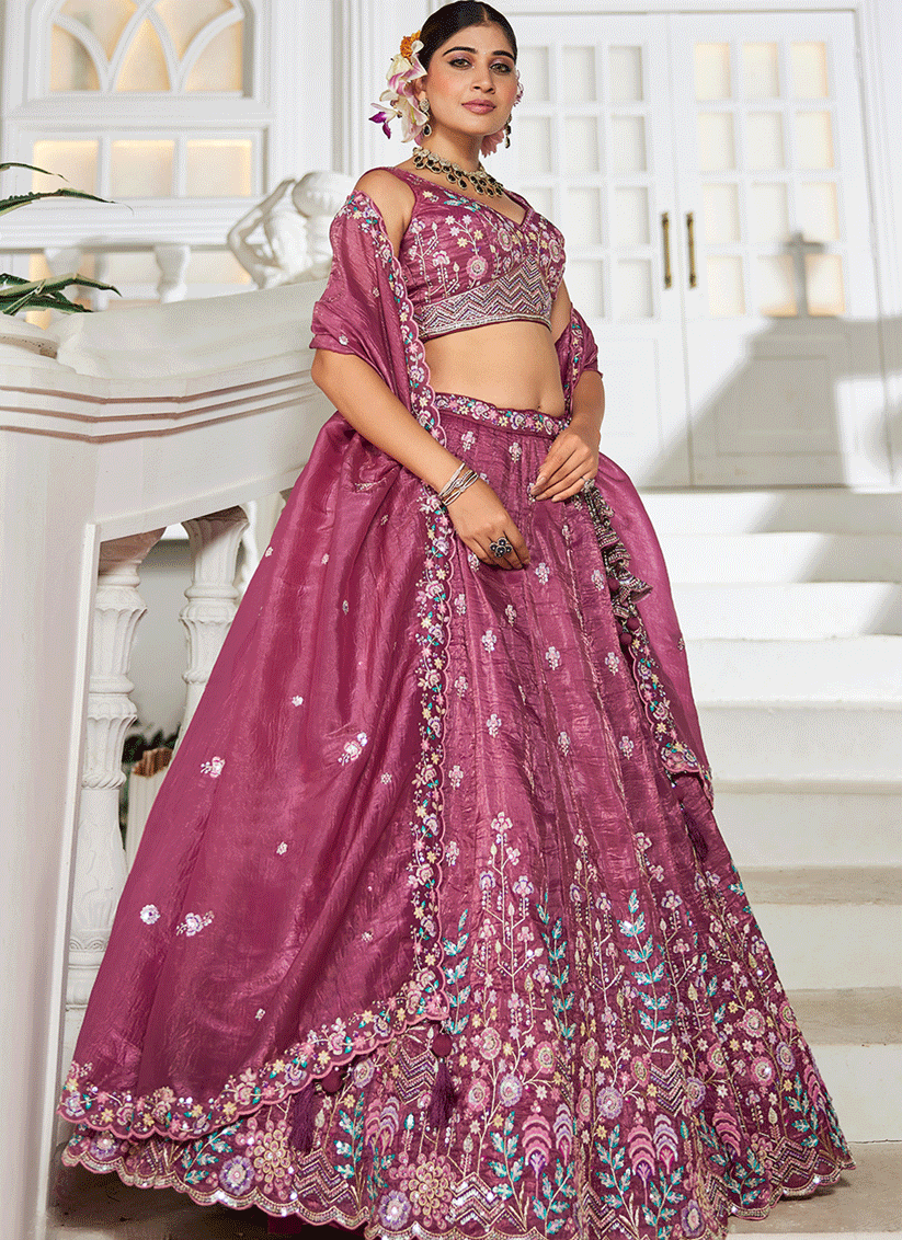 Wine Tissue Embroidered Designer Lehenga Choli