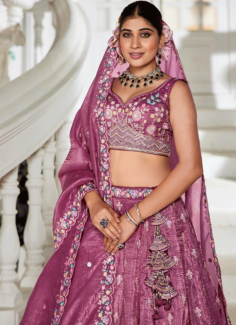 Wine Tissue Embroidered Designer Lehenga Choli