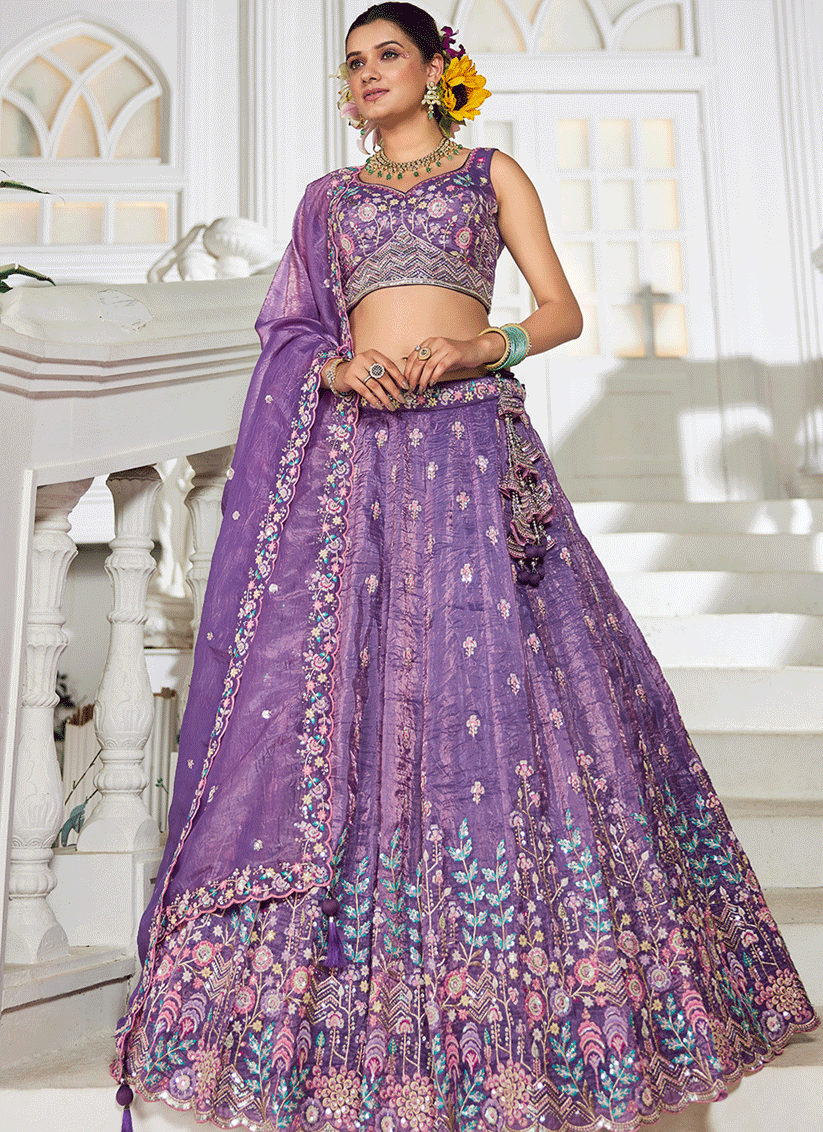 Purple Tissue Embroidered Designer Lehenga Choli