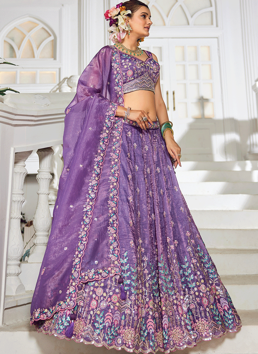 Purple Tissue Embroidered Designer Lehenga Choli