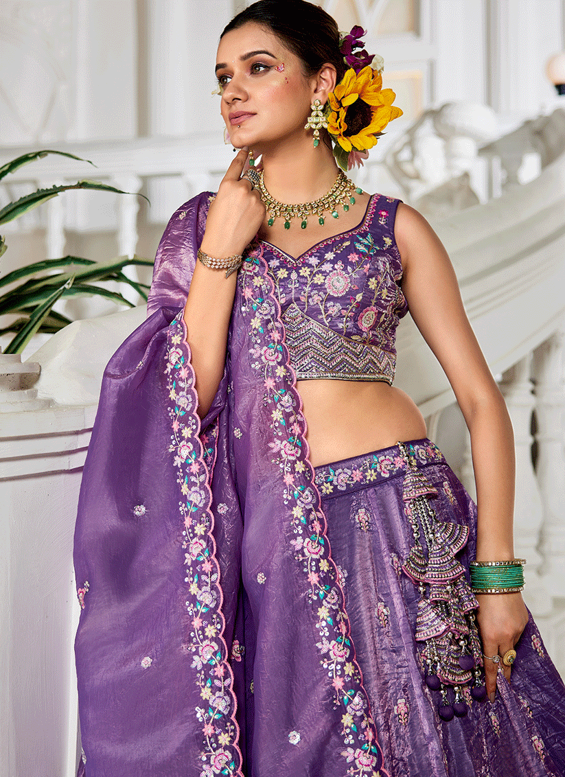 Purple Tissue Embroidered Designer Lehenga Choli