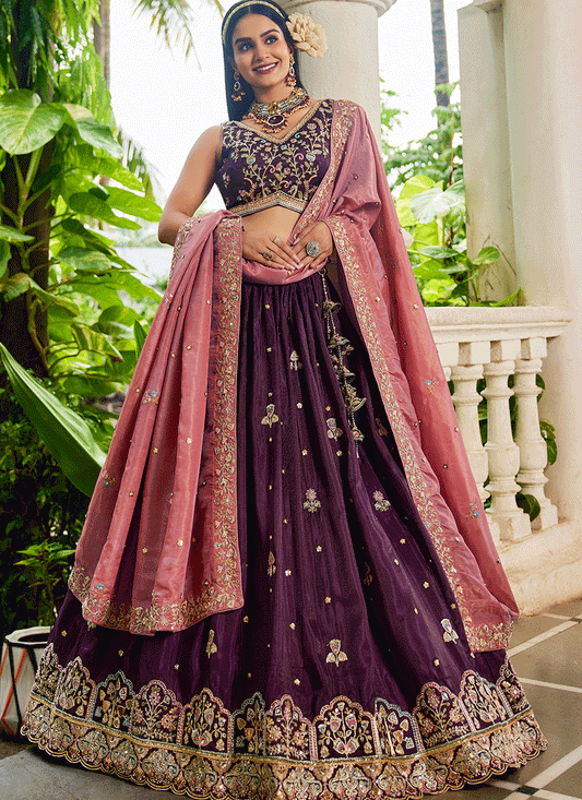 Burgundy Tissue Embroidered Designer Lehenga Choli