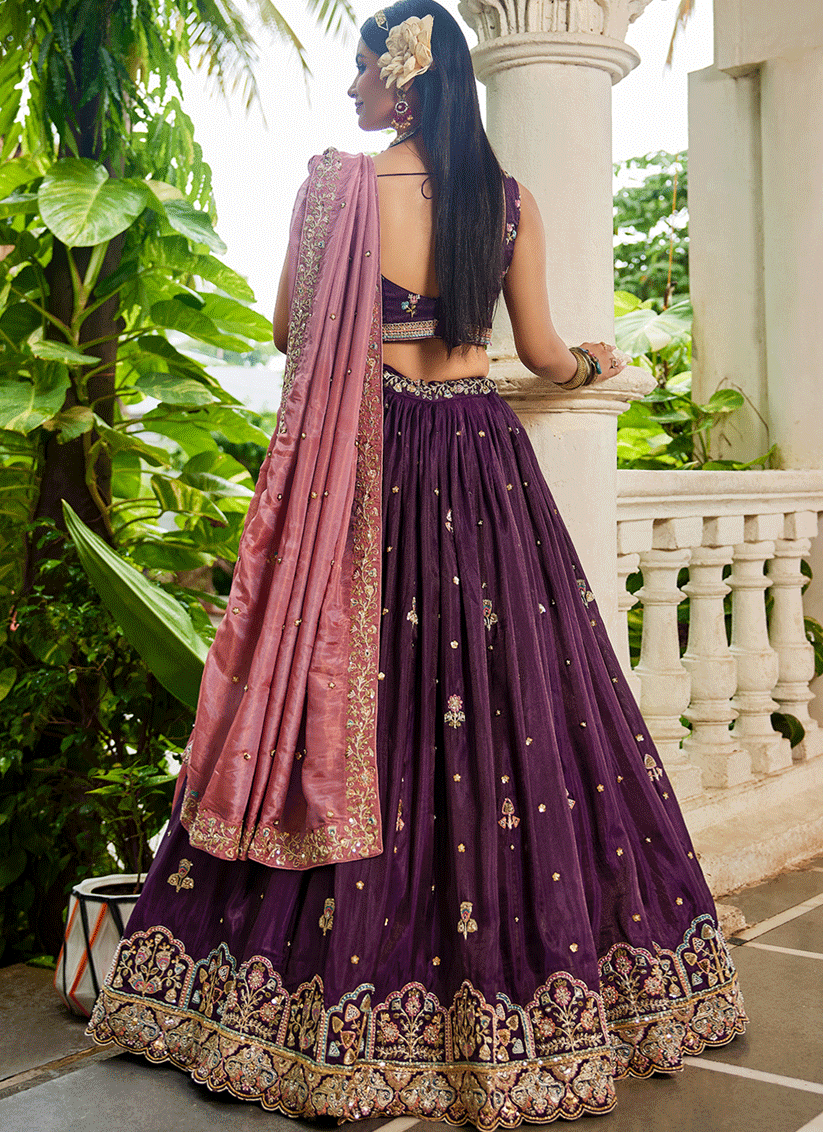 Burgundy Tissue Embroidered Designer Lehenga Choli