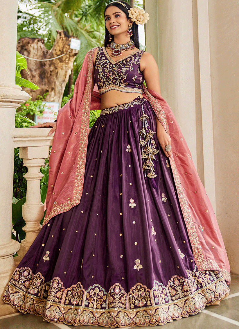 Burgundy Tissue Embroidered Designer Lehenga Choli