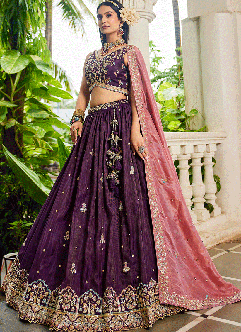 Burgundy Tissue Embroidered Designer Lehenga Choli