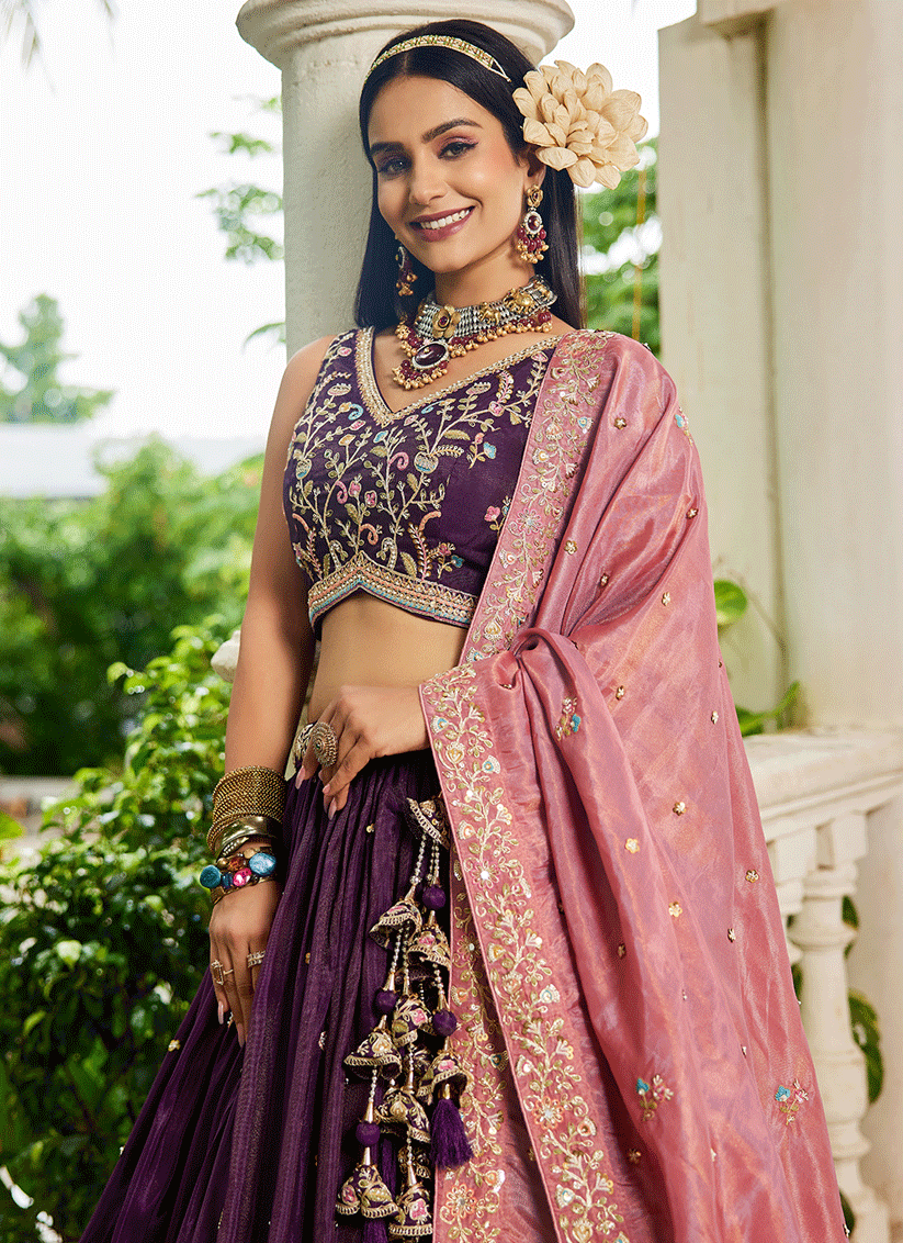Burgundy Tissue Embroidered Designer Lehenga Choli