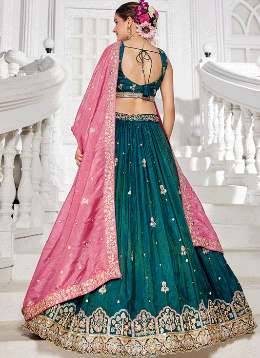 Rama Green Tissue Embroidered Designer Lehenga Choli