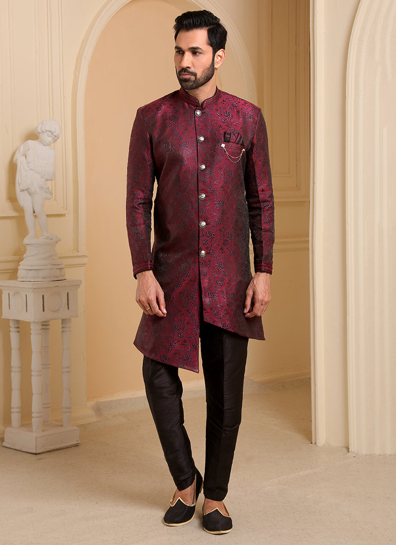 Magenta Jacquard Semi Silk Brocade Mens Indo Western
