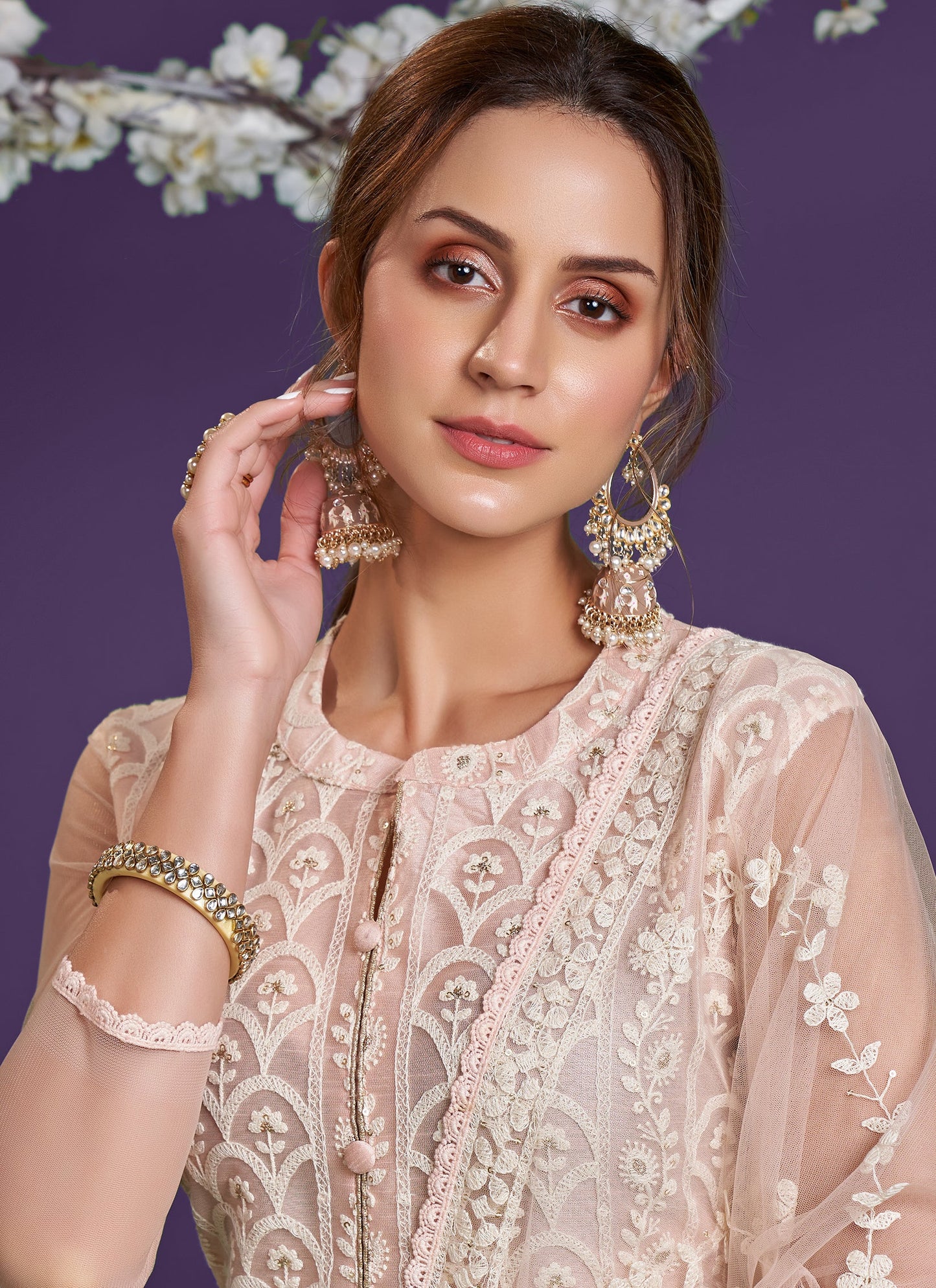 Peach Net Embroidered Trouser Kameez Set
