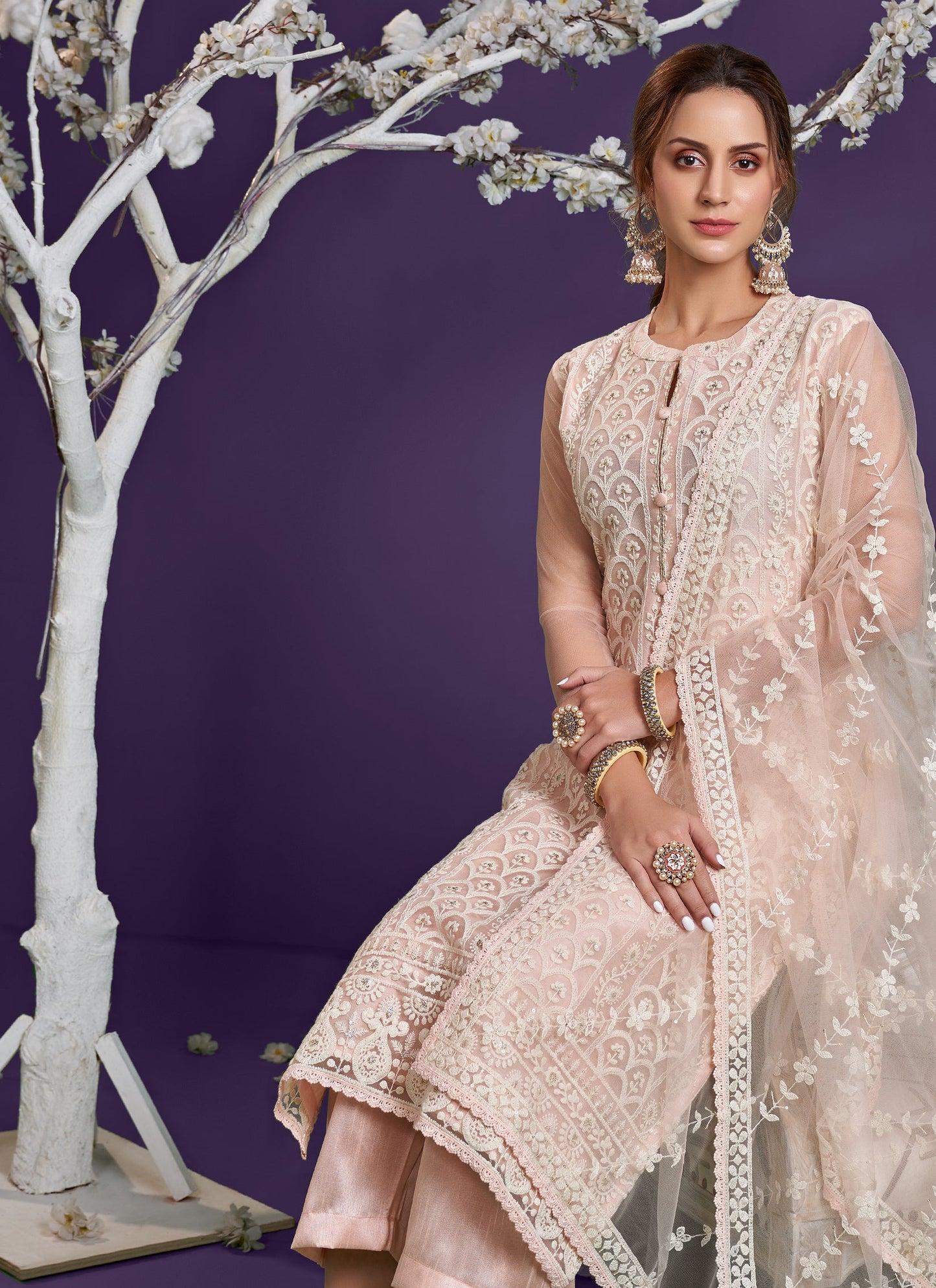 Peach Net Embroidered Trouser Kameez Set