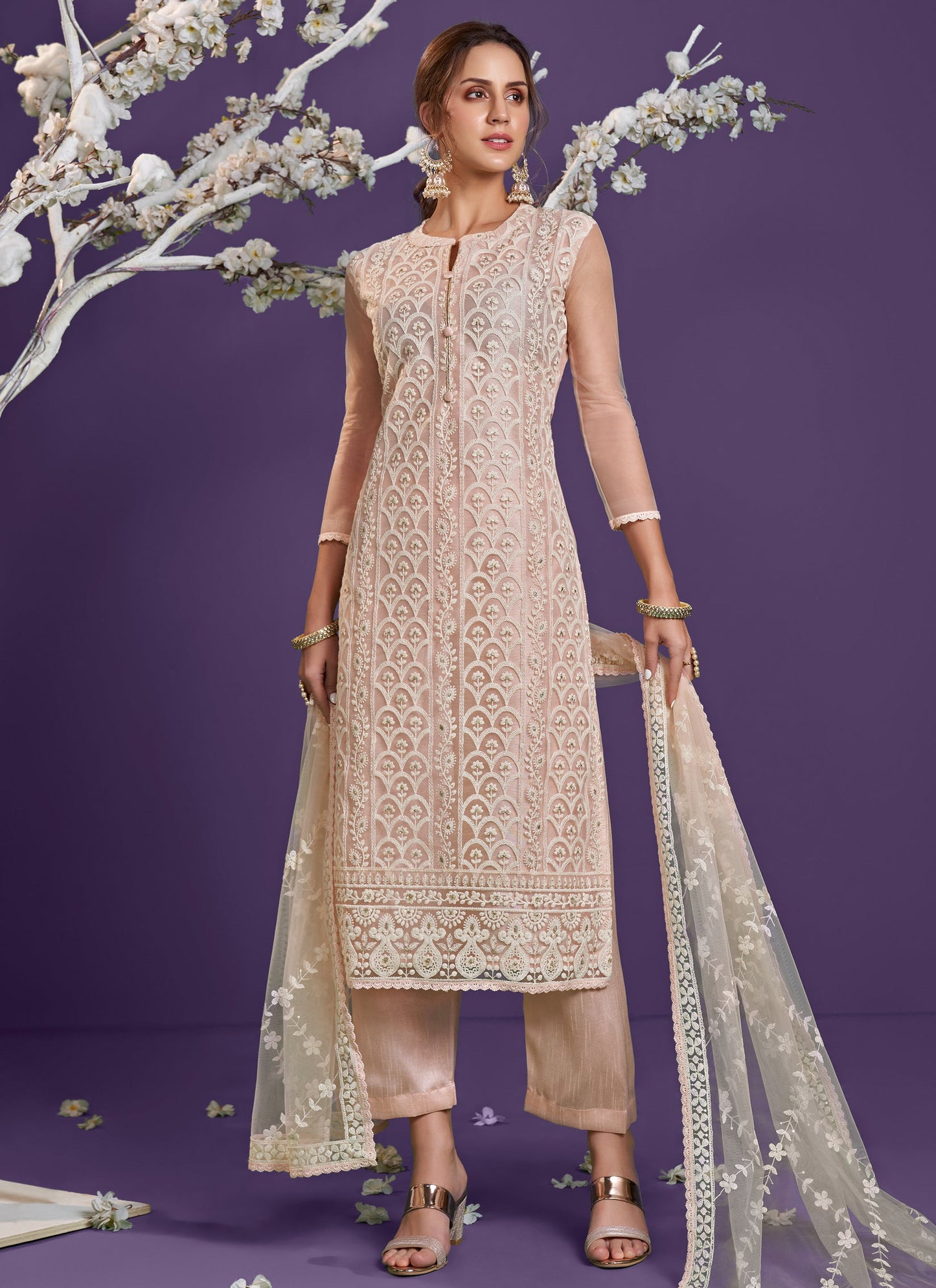 Peach Net Embroidered Trouser Kameez Set