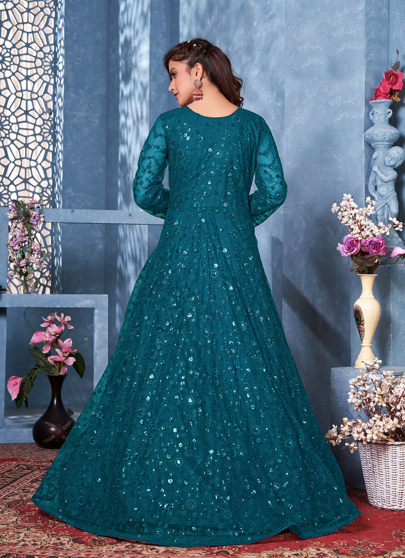 Peacock Blue Net Thread and Sequence work Anarkali Suit
