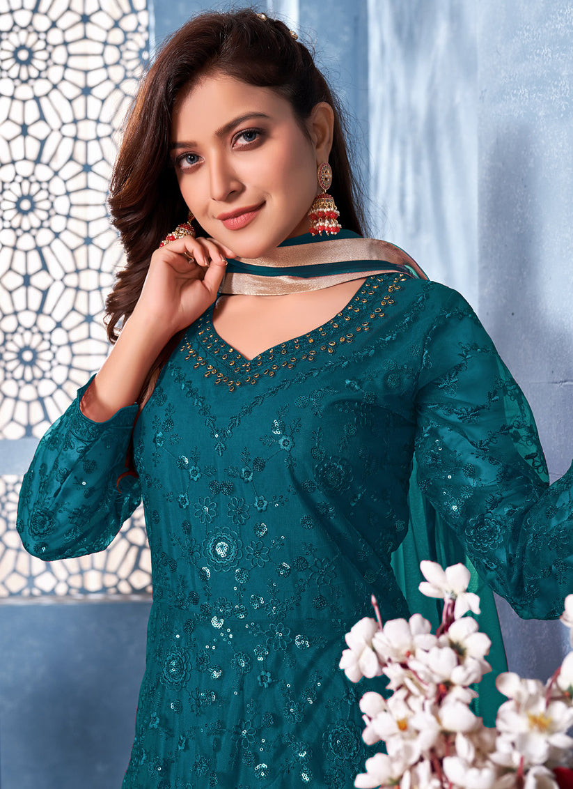 Peacock Blue Net Thread and Sequence work Anarkali Suit